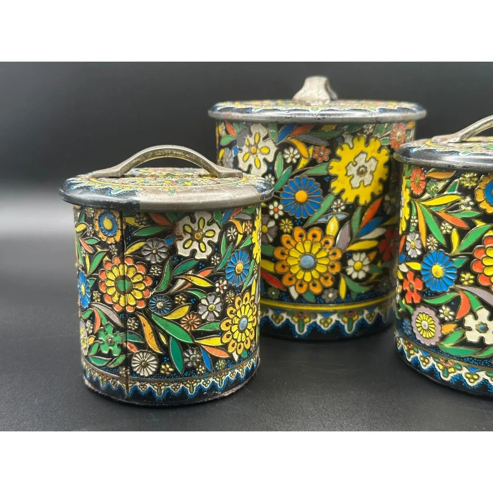 Vintage Daher Floral Metal Canisters Set of 3 Made in Holland Mid Century Tins